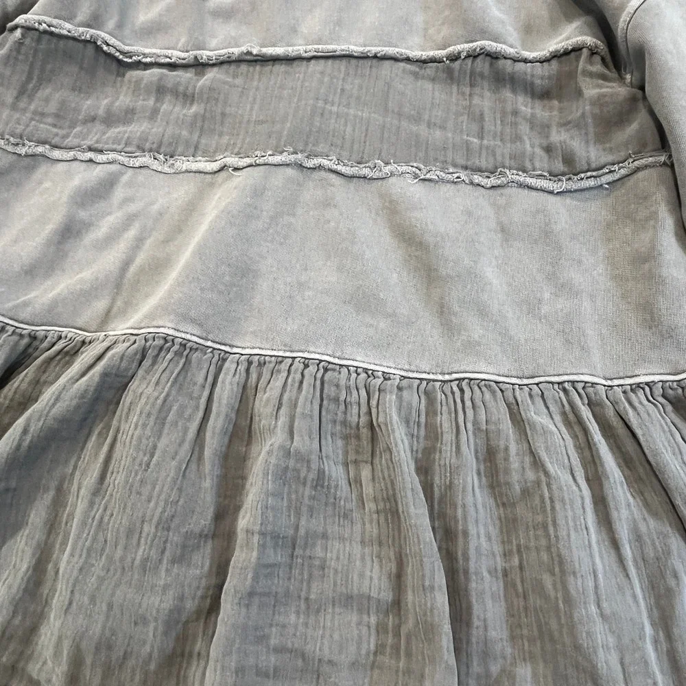 Free People Sail Away Ruffle Hoodie Womens L Gray Cotton Oversized Tunic Raw Hem